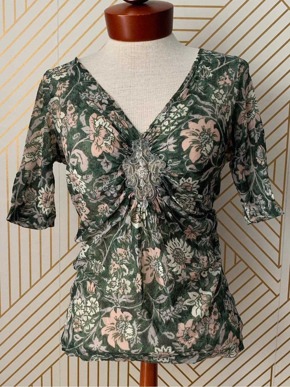 Karen Kane semi sheer mesh boho bohemian fairy core embellished bust Blouse L